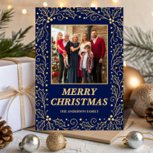 Navy Blue & Antique-Gold Family Photo Christmas