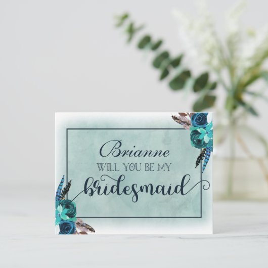 Navy Blue & Aqua Boho werden Sie meine Bridesmaid Einladung (Stehend Vorderseite)
