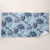 Navy Blue Aqua & White Palm Leaf Strandtuch (Vorderseite)