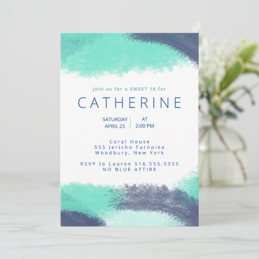 Navy Blue Aquamarin Aquarell Sweet 16 Party Einladung (Stehend Vorderseite)