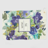 Navy Blue Aquamarin Lemon Yellow Floral Monogram Golfhandtuch (Horizontal)