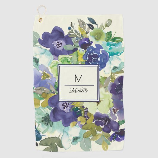 Navy Blue Aquamarin Lemon Yellow Floral Monogram Golfhandtuch (Vorderseite)