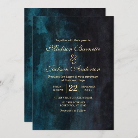 Navy Blue Aquamarin Watercolor Gold Hochzeit Einla Einladung (Vorne/Hinten)