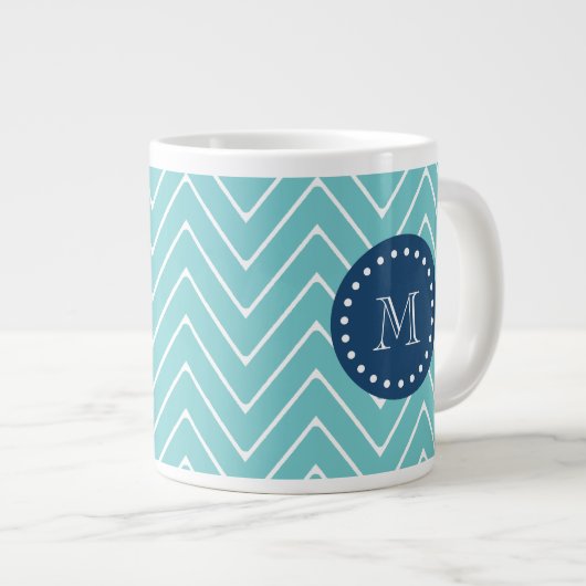 Navy Blue, Aquamarines Zickzack Muster| Ihr Monogr Jumbo-Tasse (Vorderseite Rechts)