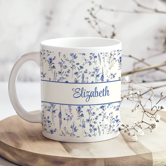 Navy Blue Aquarell-Wildblumen-Script-Name Kaffeetasse