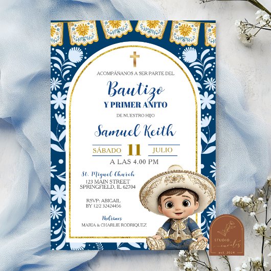 Navy Blue Arch Cielito Lindo Baptism 1st Birthday Einladung
