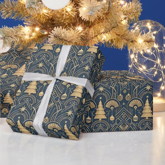 Navy Blue Art Deco Christmas Tree Pattern Geschenkpapier (Feiertage)