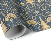 Navy Blue Art Deco Christmas Tree Pattern Geschenkpapier (Rolleneckpunkt)