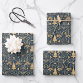 Navy Blue Art Deco Christmas Tree Pattern Geschenkpapier Set