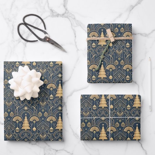 Navy Blue Art Deco Christmas Tree Pattern Geschenkpapier Set (Vorderseite)