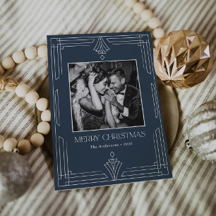 Navy-Blue Art Deco   Modernes Foto-Weihnachten Feiertagskarte