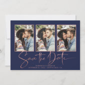 Navy Blue Art Deco Rose Gold Save the Date (Vorderseite)