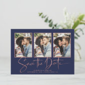 Navy Blue Art Deco Rose Gold Save the Date (Stehend Vorderseite)