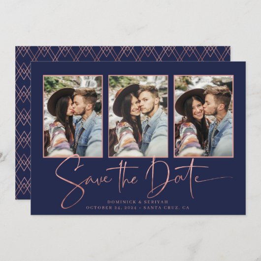 Navy Blue Art Deco Rose Gold Save the Date (Vorne/Hinten)