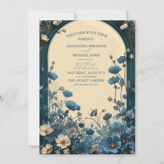 Navy Blue Art Nouveau Wedding Einladung (Vorderseite)