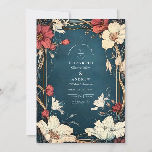 Navy Blue Art Nouveau Wedding Einladung (Vorderseite)