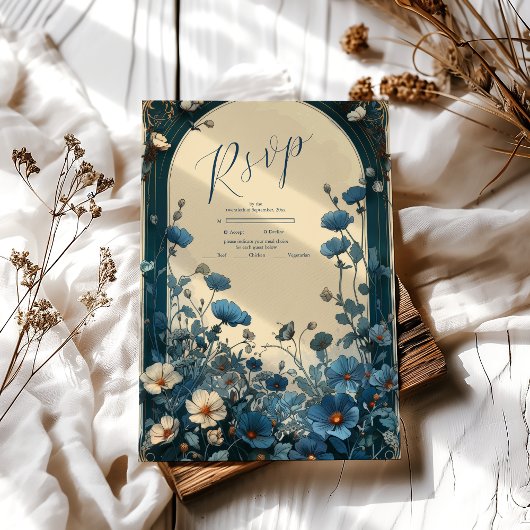 Navy Blue Art Nouveau Wedding RSVP Karte