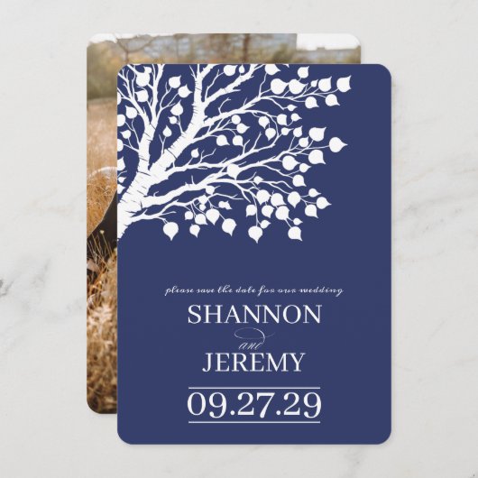 Navy Blue Aspen Tree Wedding Save The Date (Vorne/Hinten)