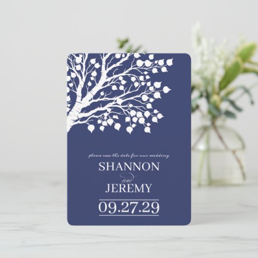 Navy Blue Aspen Tree Wedding Save The Date (Stehend Vorderseite)