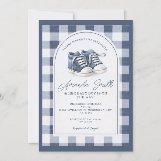 Navy Blue BabShoes Gingham Baby Shower Invitation, Einladung (Vorderseite)