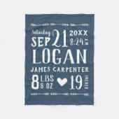 Navy Blue Baby Boy Birth Stats Keepake Fleecedecke (Vorderseite)