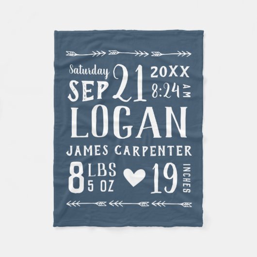 Navy Blue Baby Boy Birth Stats Keepake Fleecedecke (Vorderseite)