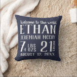 Navy Blue Baby Boy Kinderzimmer Birth Stats Pillow Kissen<br><div class="desc">Navy blaue und weiße Kissen für das Kinderzimmer Ihres Babys. Die Vorderseite des Kissens in blau-weiß Typografie Design, passen mit seinem Namen, Gewicht, Länge und Geburtsdatum. Die Rückseite des Kissens koordiniert massiv marineblau. Diese Kopfkissenfarbe kann in eine beliebige Farbe geändert werden - wenn Sie eine Farbe wünschen, die zu Ihrem...</div>