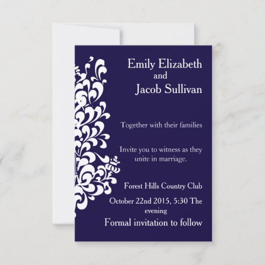 Navy Blue Background mit Swirl Modern Elegante Save The Date (Vorderseite)
