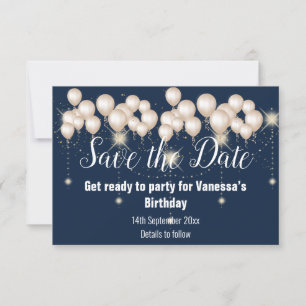 Navy Blue Balloon Sparkle Save the Date Card RSVP Karte