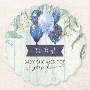 Navy Blue Balloon Wood Rustic Baby Boy Dusche Untersetzer