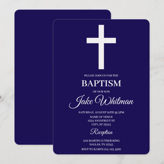 Navy blue Baptism Einladung (Vorne/Hinten)