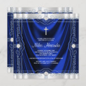 Navy Blue Baptisse Christening Royal Blue Satin Einladung (Vorne/Hinten)