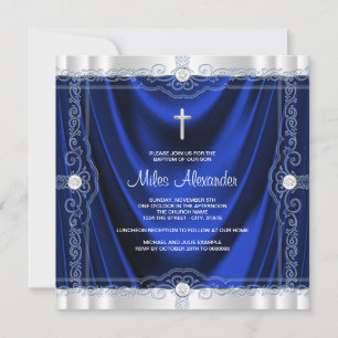 Navy Blue Baptisse Christening Royal Blue Satin Einladung