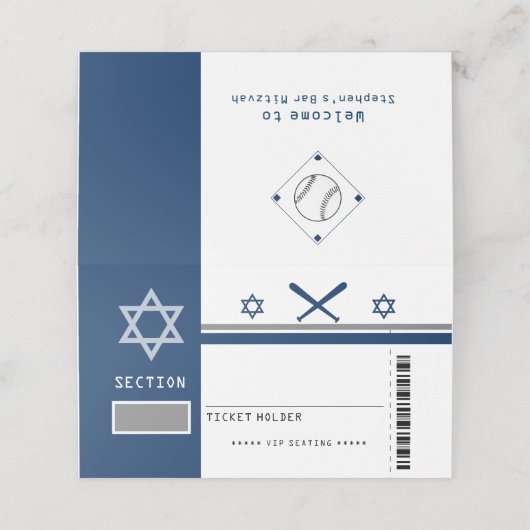Navy Blue Bar Mitzvah Baseball Ticket Sitzplatz Platzkarte (Außenseite Aufgefaltet)