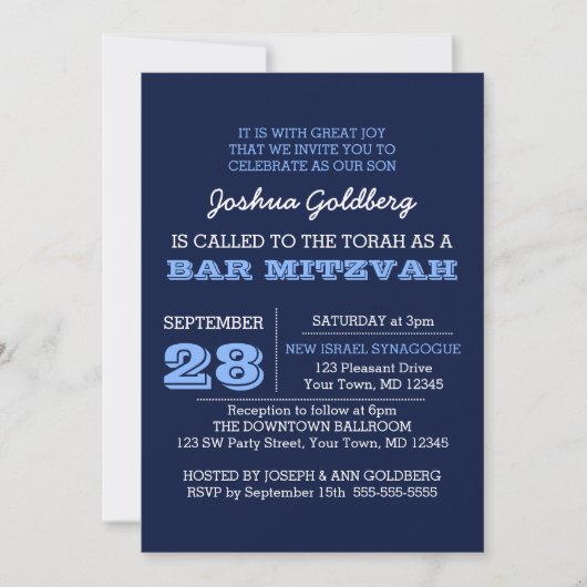 Navy Blue Bar Mitzvah Einladung mit Namensschild (Vorderseite)