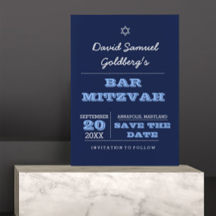 Navy Blue Bar Mitzvah Save the Date Card Einladung
