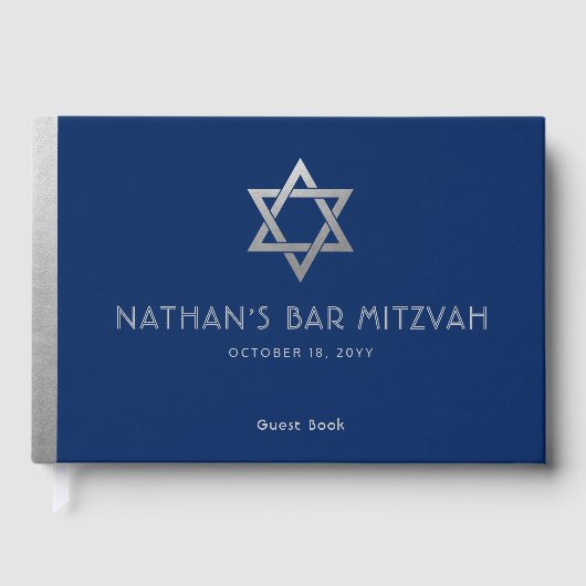 Navy Blue Bar Mitzvah Silver Star von David Custom Gästebuch (Vorderseite)