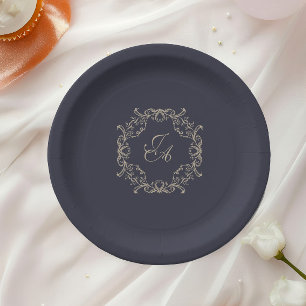 Navy Blue Barock-Monogramm-Hochzeitspapierteller Pappteller