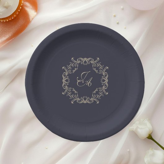 Navy Blue Barock-Monogramm-Hochzeitspapierteller Pappteller