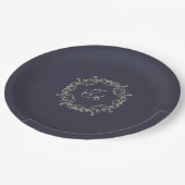 Navy Blue Barock-Monogramm-Hochzeitspapierteller Pappteller (Schrägansicht)