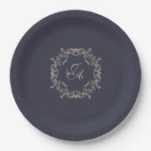 Navy Blue Barock-Monogramm-Hochzeitspapierteller Pappteller (Vorderseite)