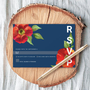 Navy Blue Bat Mitzvah Red Floral Watercolor Bold RSVP Karte