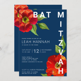 Navy Blue Bat Mitzvah Red Floral Watercolor Modern Einladung