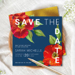 Navy Blue Bat Mitzvah Red Floral Watercolor Square Save The Date<br><div class="desc">Achten Sie darauf, dass alle Ihre Freunde und Verwandten den Meilenstein Ihrer Tochter Bat Mitzvah feiern können! Versenden Sie diese schicke, atemberaubende, rote, blumenfarbene Wasserfarbe mit modernem san serif Typ vor einem marineblauen Hintergrund, personalisierte "Save the Date" Ankündigungskarte. Imitate goldene Folie, rote florale Aquarellfarbe und ein weißer David Stern schmücken...</div>