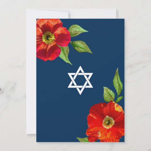 Navy Blue Bat Mitzvah Rote Flora Moderne Wasserfar Einladung (Rückseite)