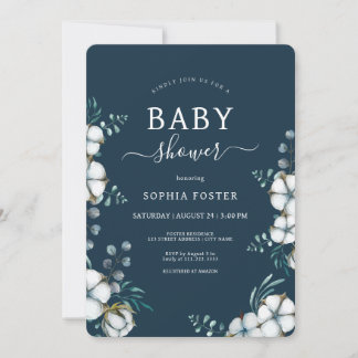 Navy Blue Baumwolle Blume elegante Babydusche Einladung