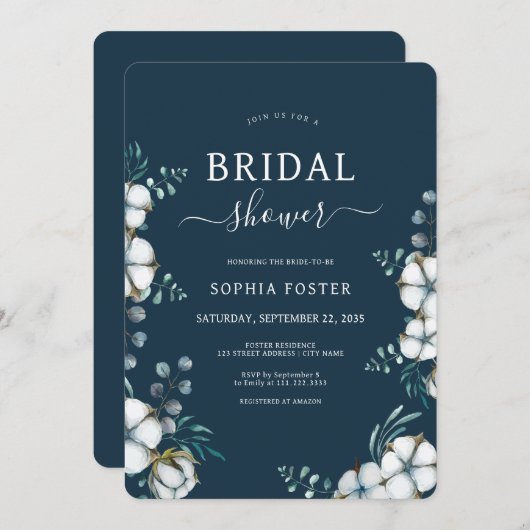 Navy Blue Baumwolle Blume elegantes Brautparty Einladung (Vorne/Hinten)