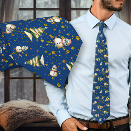 Navy Blue Beach Christmas Snowman Pattern neck tie Krawatte