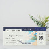 Navy Blue Beach Nautical Boarding Pass Hochzeit Save The Date (Stehend Vorderseite)