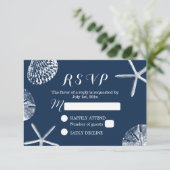 Navy Blue Beach Theme Seashells Wedding RSVP (Stehend Vorderseite)